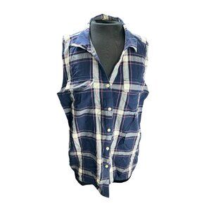Vintage Bass Sleeveless Plaid Button-Up Shirt Navy/White